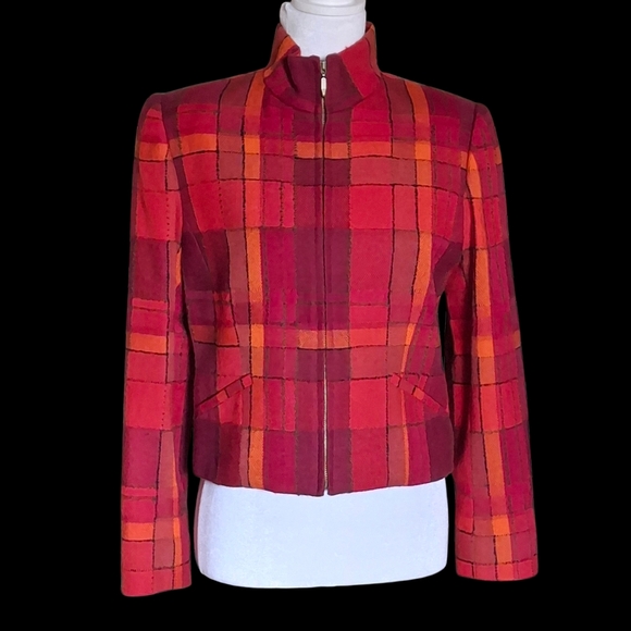 Vintage Carlisle Plaid Red Orange Cropped Long Sleeve Wool Jacket Women Size 2 - Picture 5 of 16